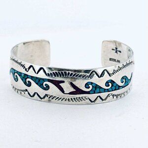 Estate Sterling Silver 925 Cuff Bracelet Turquoise Coral Inlay Navajo 25.5g 6"